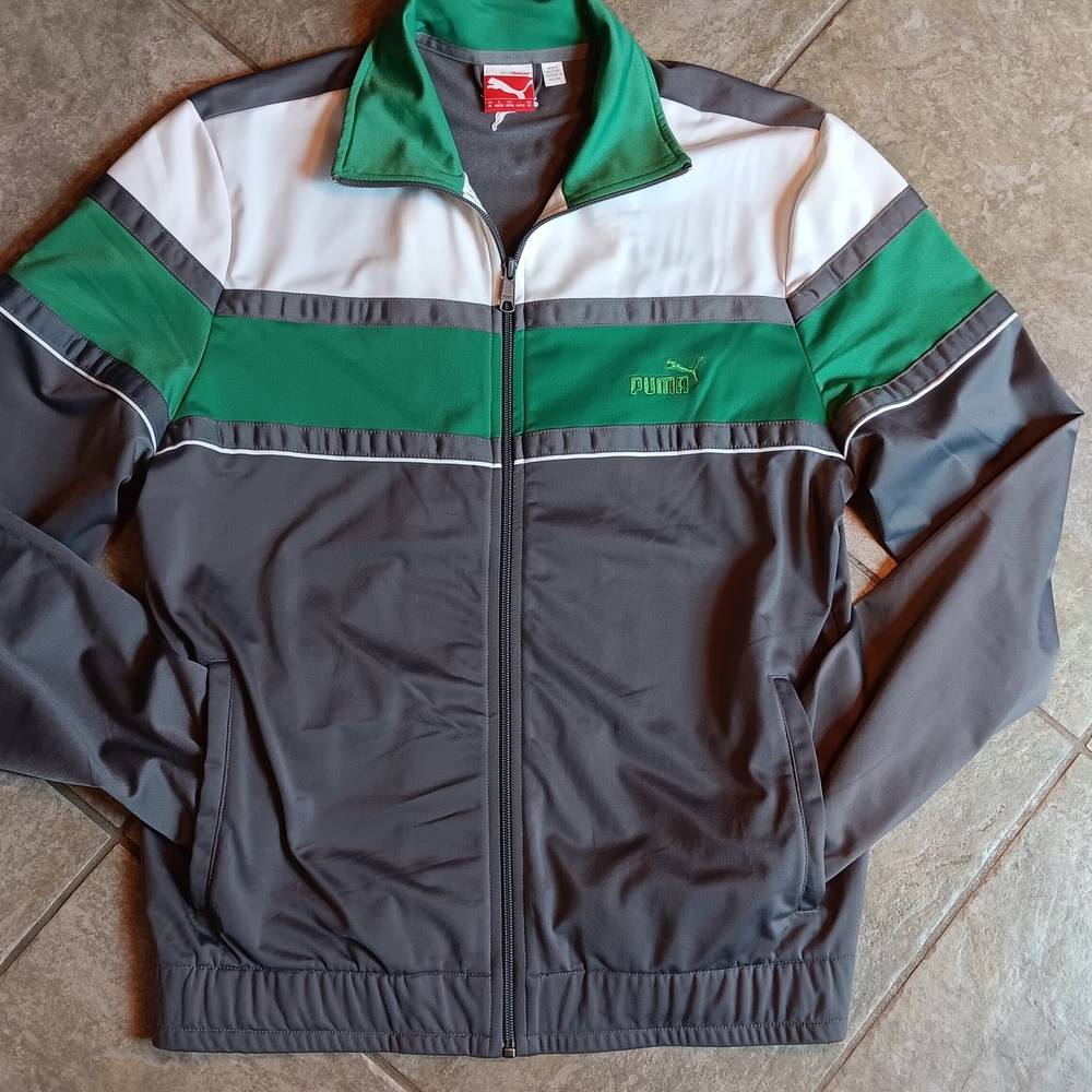 Vintage Puma Men's Gray and Green Track Jacket